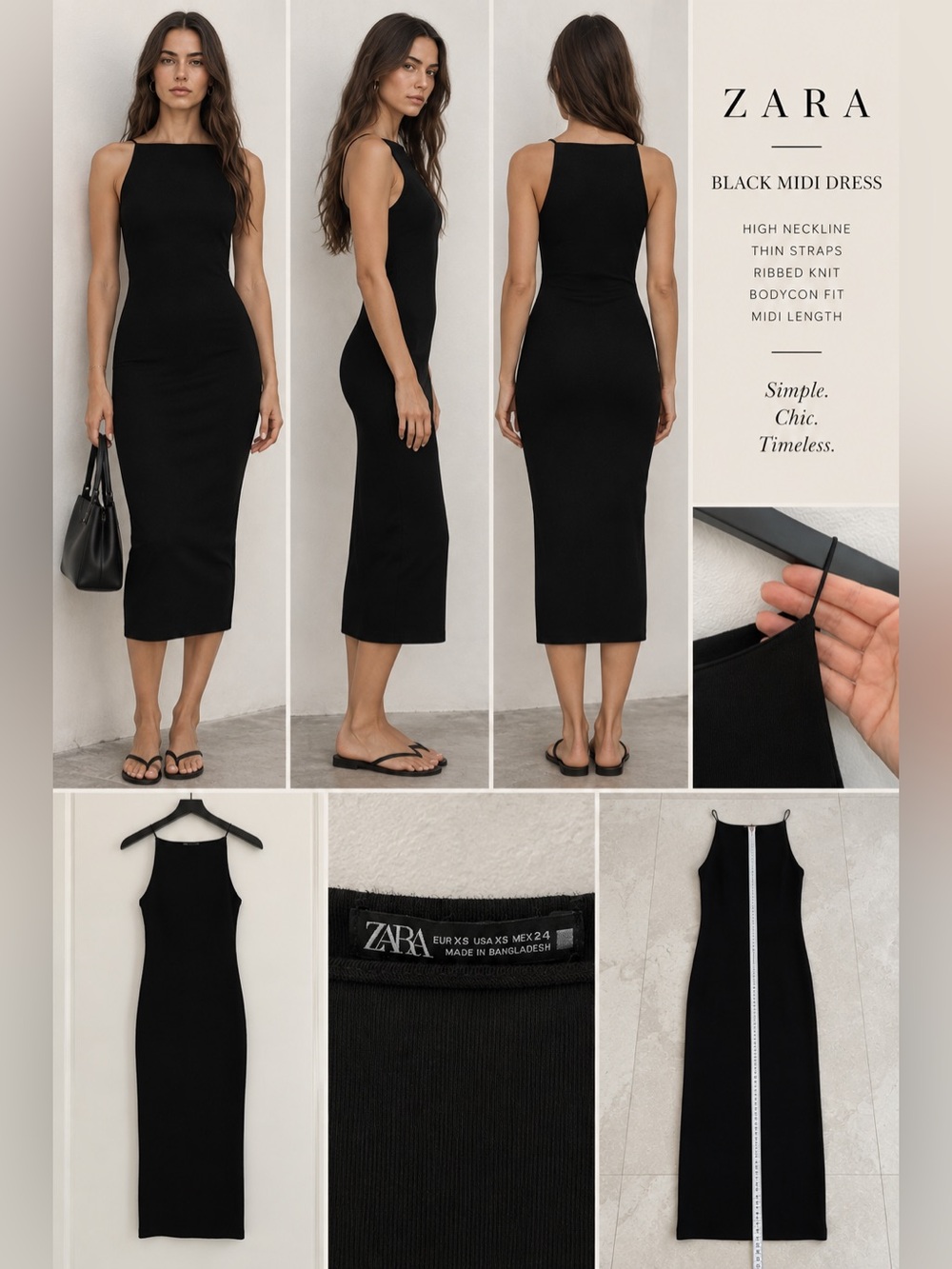 ZARA Black Knit Midi Dress with High Neck xs